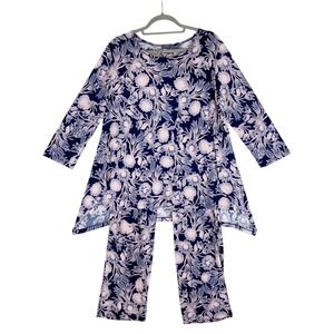 Clara Sunwoo Womens XL Navy Pink Floral Tunic Sharkbite Hem Pant Set Made in USA